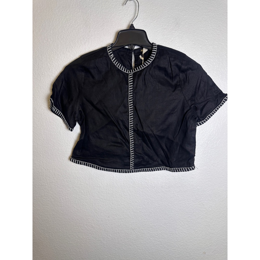 Magaschoni Black 100% Linen Whipstitch Crop Top Short Sleeve Small SP NWT